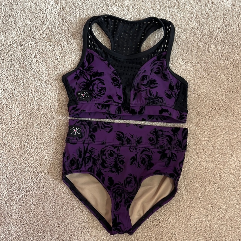 Kandi Kouture two piece set. Purple w/ black velvet flowers. CM.